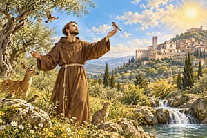 Illustration of Saint Francis of Assisi surrounded by birds and nature, with Assisi in the background