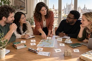 International students learning Italian prepositions in a small-group class in Milan